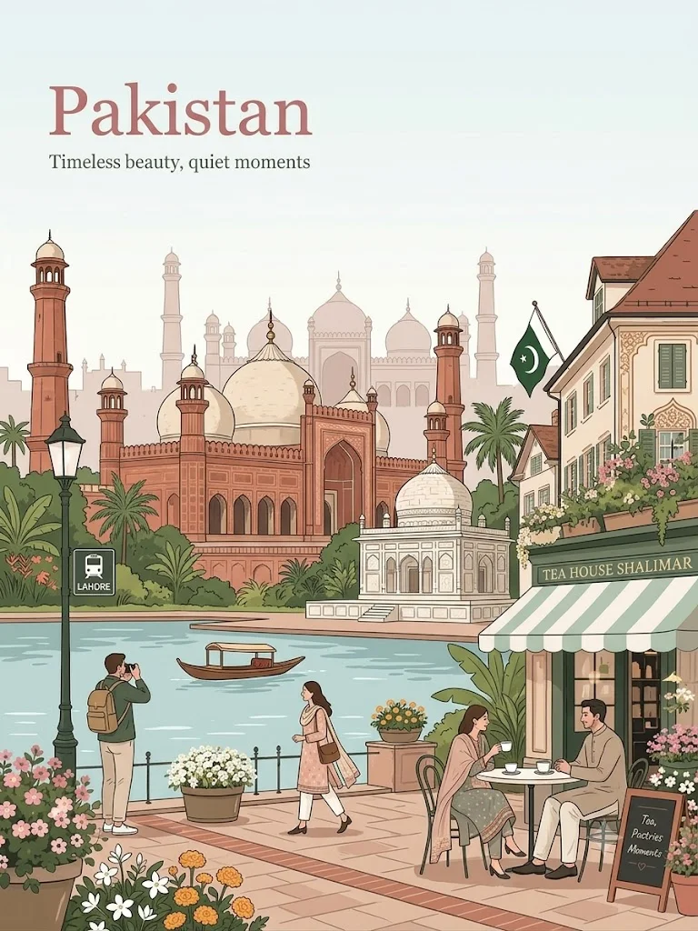 Vintage travel poster shows Pakistani waterfront with iconic landmarks