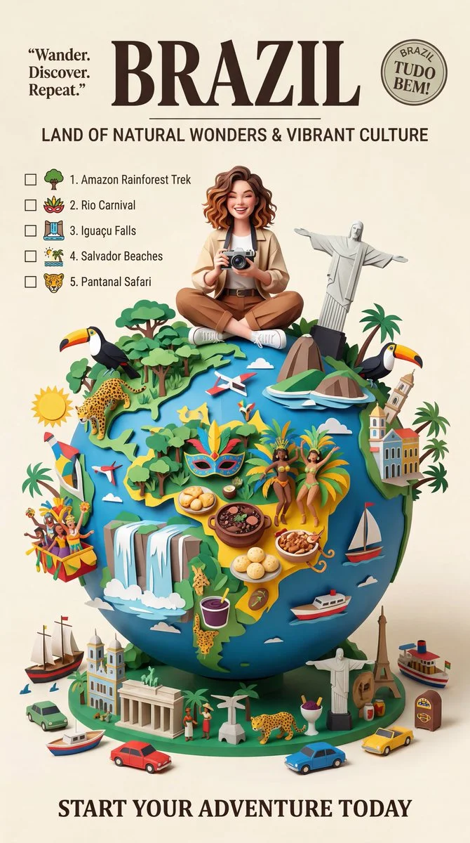 Vintage travel poster shows papercraft globe filled with landmarks