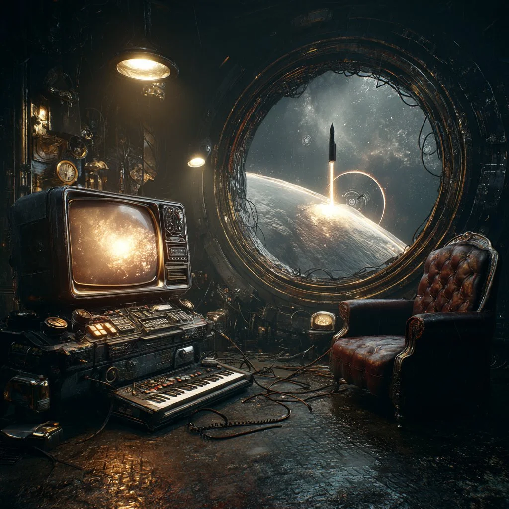 Vintage TV displays rocket launch beside armchair under ringed planet