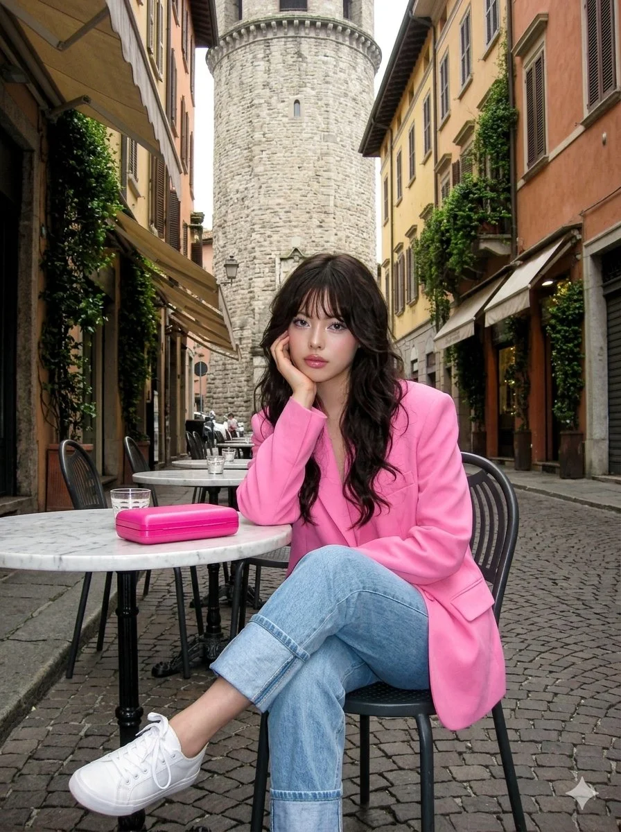 Vintage Urban Chic: Hyper-Realistic Pink Blazer Portrait on Cobblestones