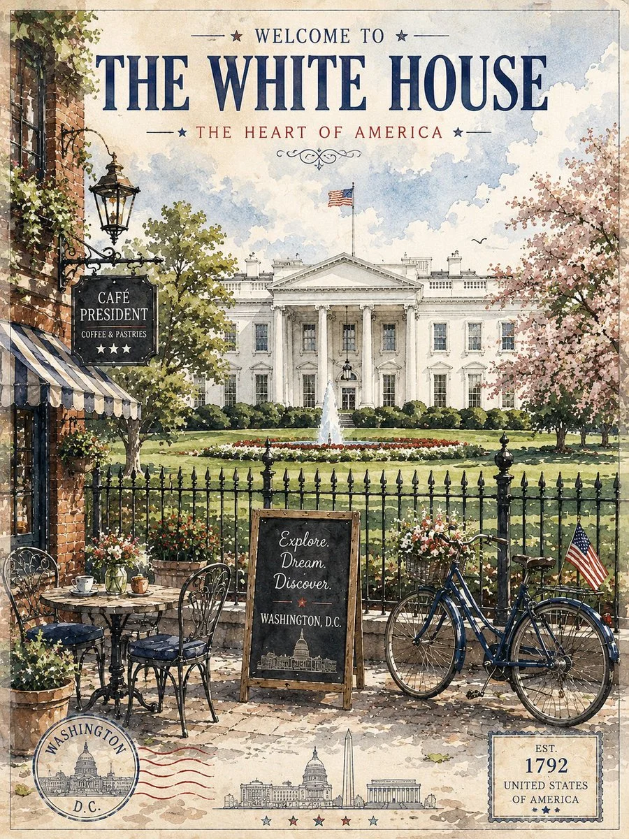 Vintage watercolor poster invites visitors to the White House gardens