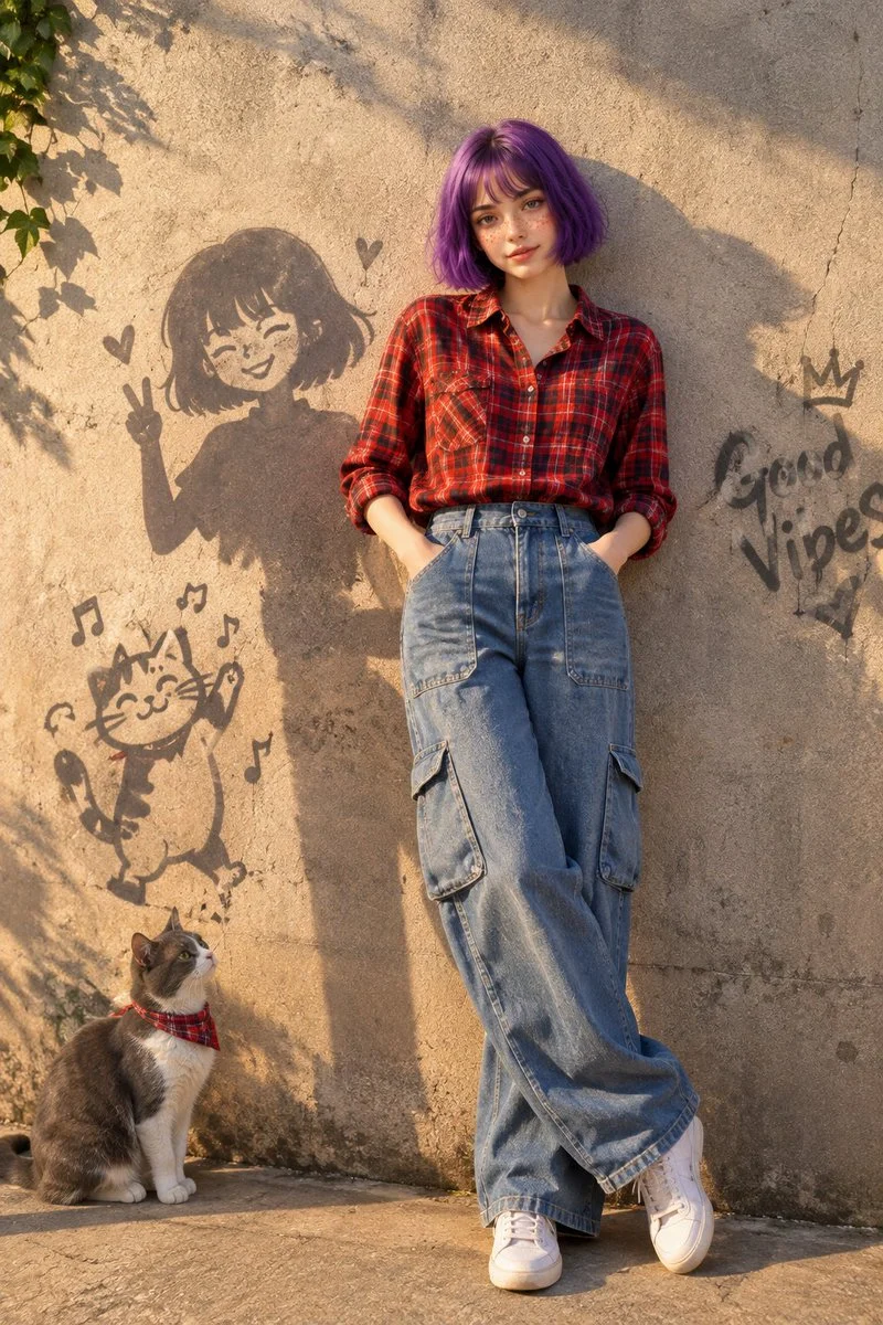 Violet-Haired Girl Leans on Concrete Wall in Golden Hour Sunlight