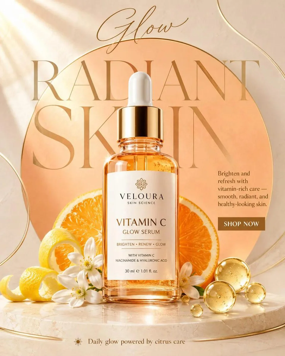 Vitamin C serum bottle on marble with radiant citrus and golden glow