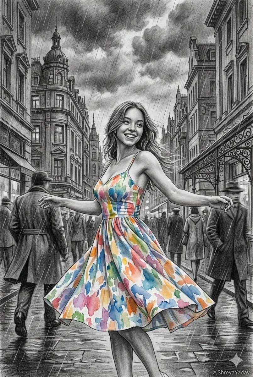 Vivid Dance of Color in a Monochrome Cityscape