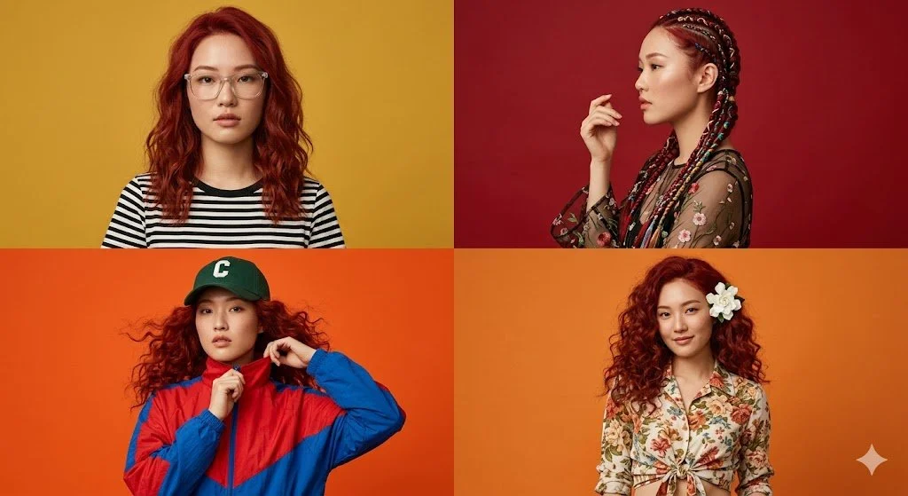Vivid Red-Haired Fashion Quartet in Bold Retro Hues