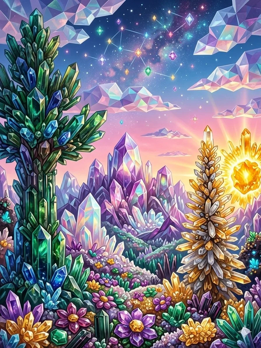 Volumetric light refracts through faceted crystal mountains at dawn