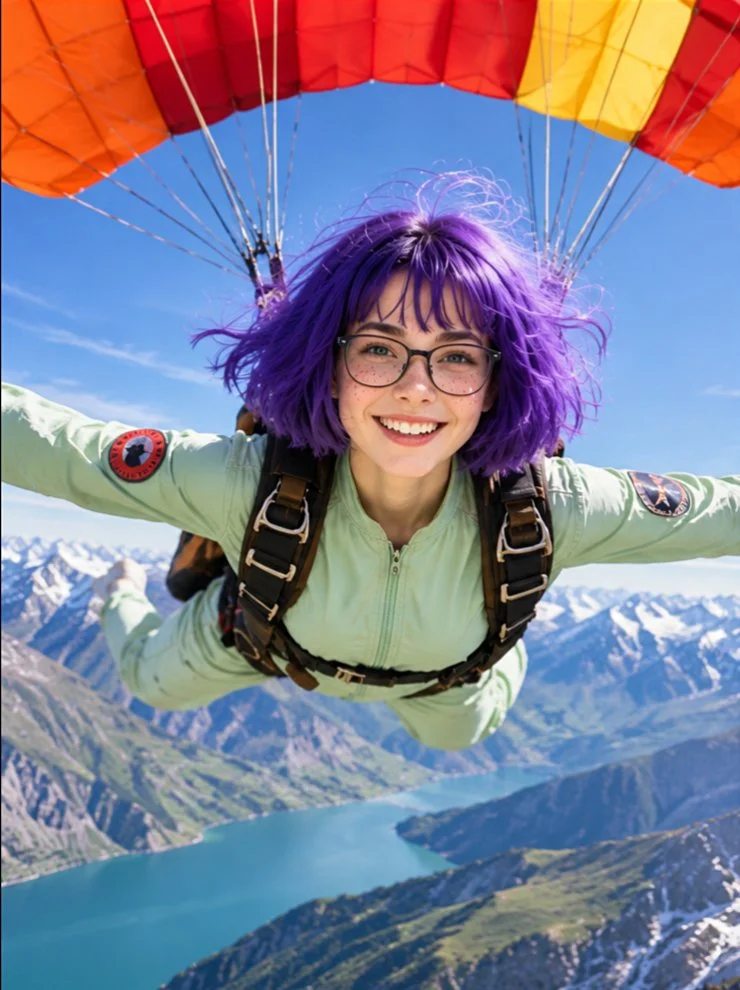 Wareen glides toward the camera with arms wide over alpine peaks