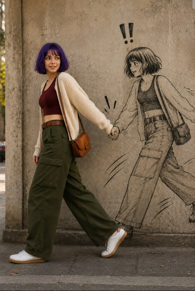 Wareen strolls past her ink-drawn twin on a sunlit street wall.
