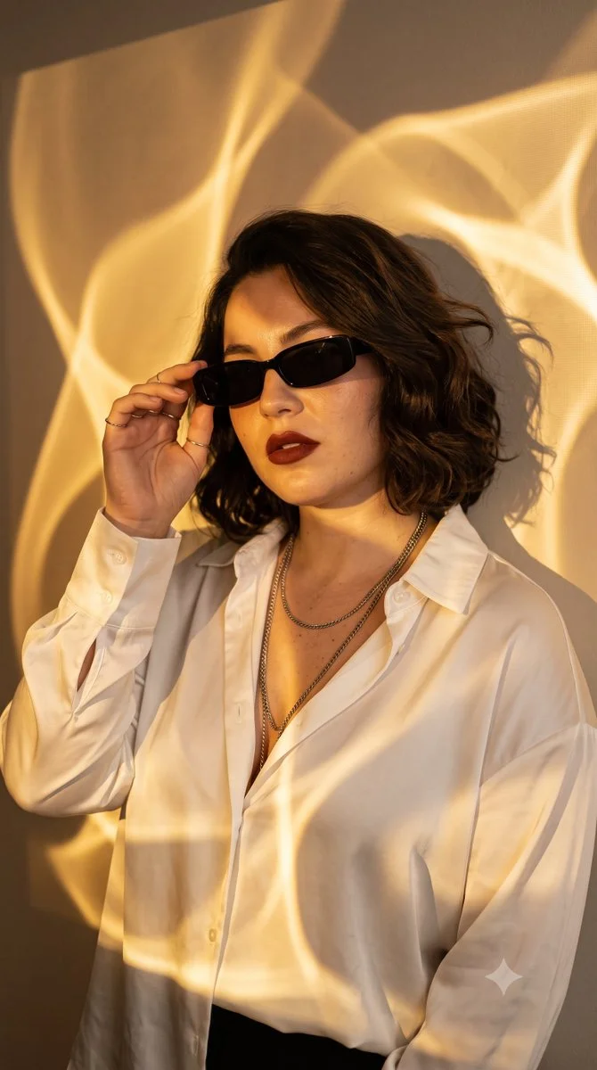 Warm amber light sculpts a model in oversized white shirt