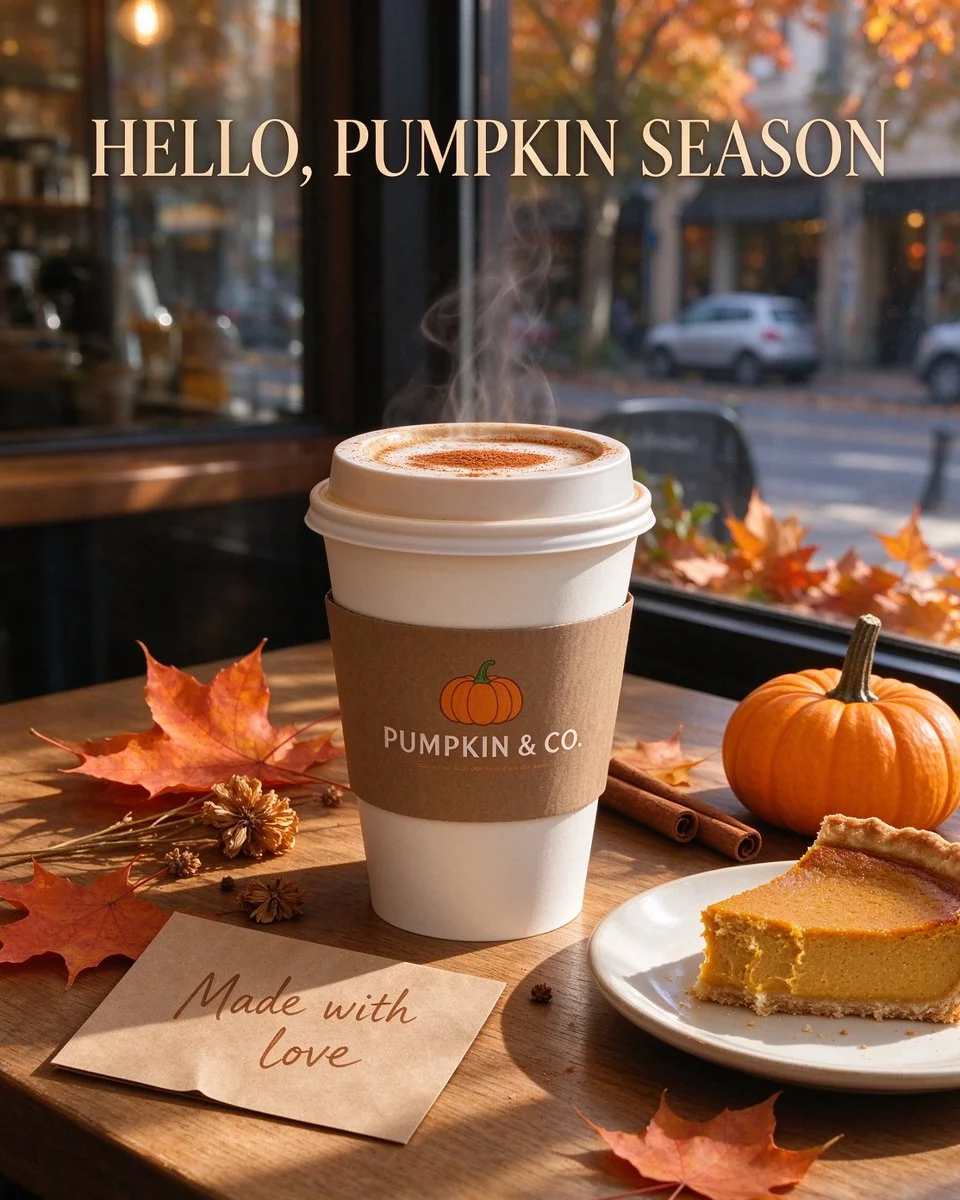 Warm autumn coffee scene with pumpkin pie and spices