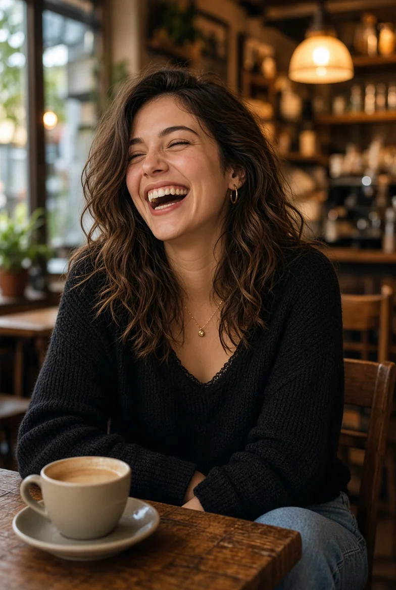 Warm Candid Portrait of Laughing Woman at Cafe Table