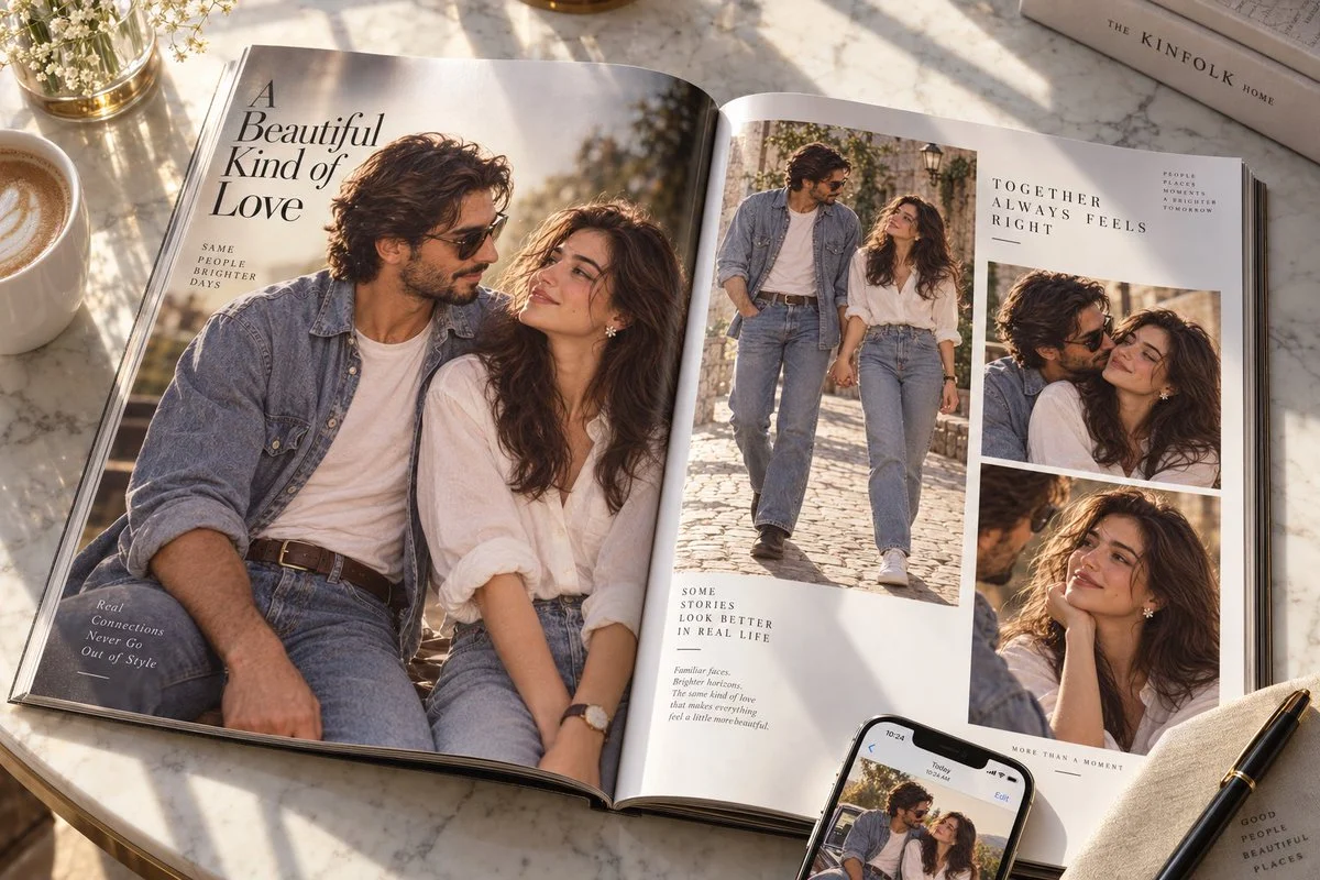 Warm daylight reveals open editorial magazine on white marble surface