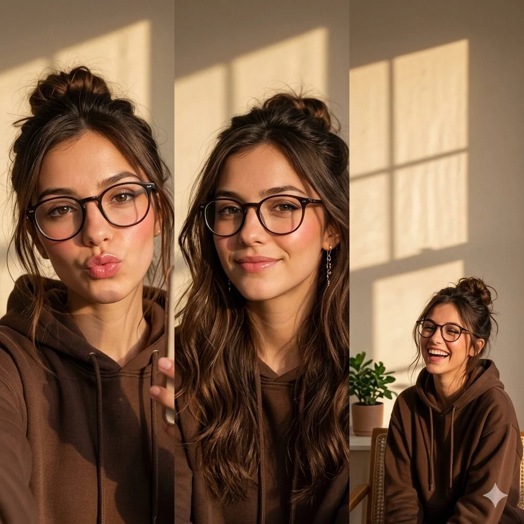 Warm golden-hour light illuminates a young woman's close-up selfie portrait.