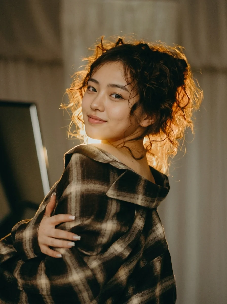 Warm golden hour portrait of a woman in oversized flannel shirt