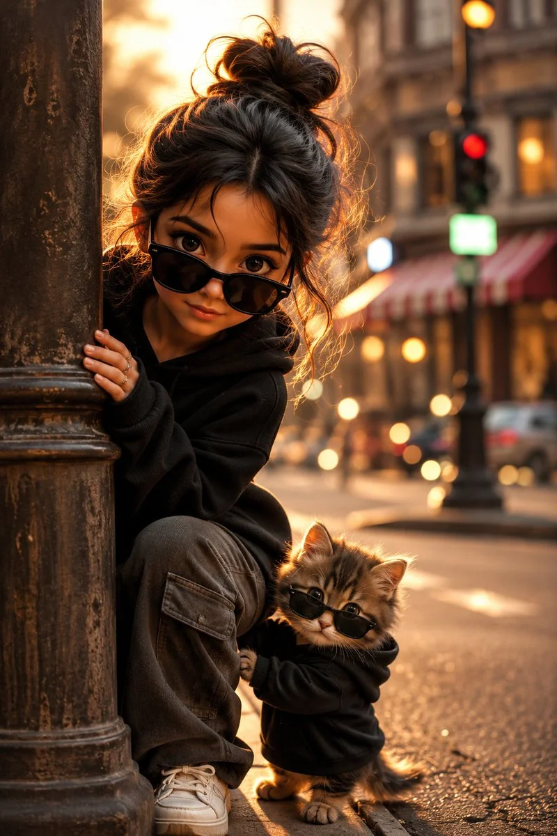 Warm golden light illuminates a girl and her kitten duo