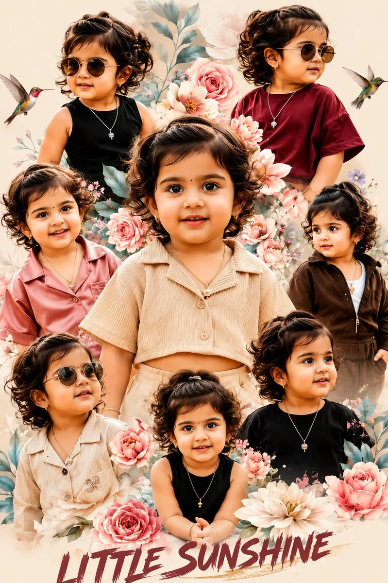 Warm golden light illuminates a toddler's joyful expression in collage.