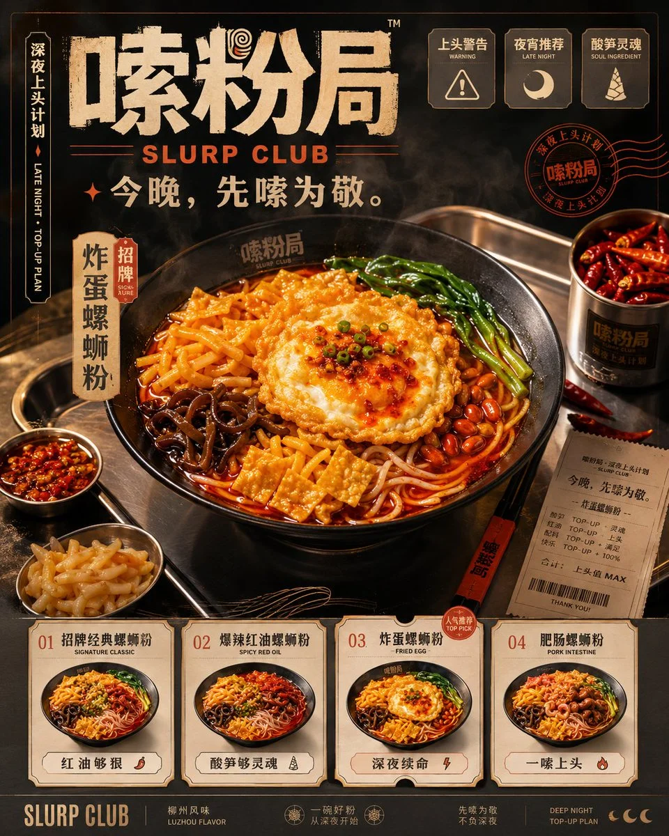 Warm grays and chili reds define this nocturnal noodle brand identity