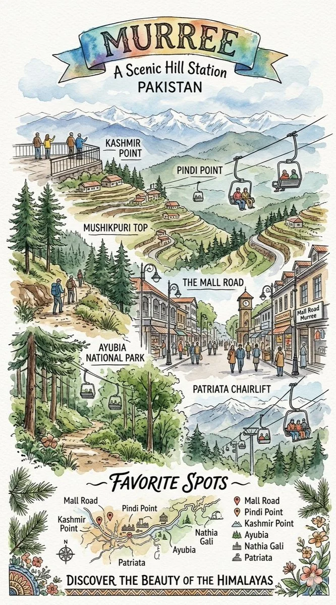 Warm hand-drawn artwork invites viewers to explore Murree's hill station charm