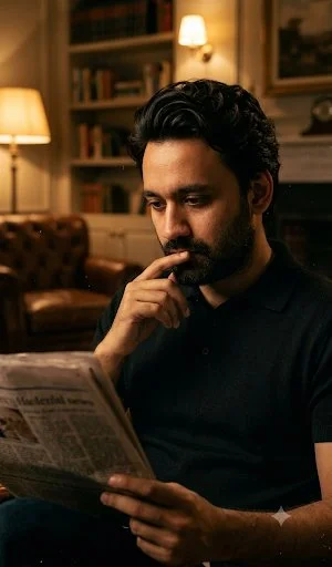 Warm lamplight illuminates a seated young man lost in thought