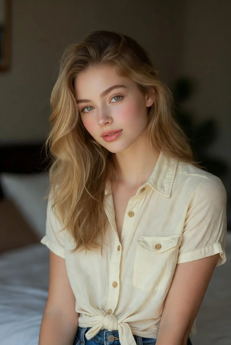 Warm Minimalist Portrait of a Young Woman in Cozy Bedroom