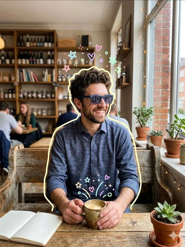 Warm Moments in a Rustic Cafe with Artistic Doodles