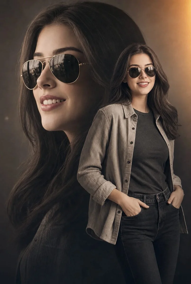 Warm sepia tones blend a woman's profile with her full figure