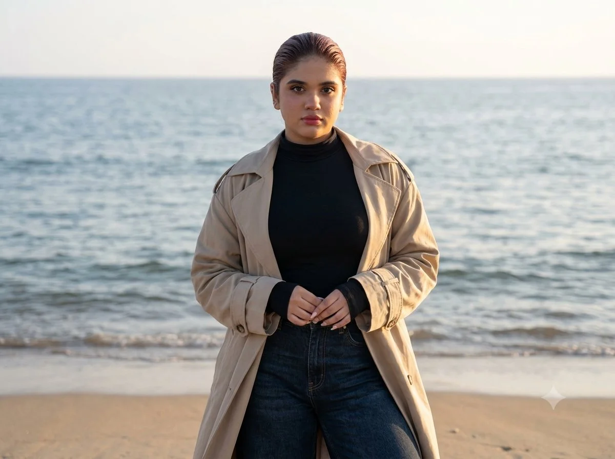 Warm skin contrasts with cold sea in this windswept selfie