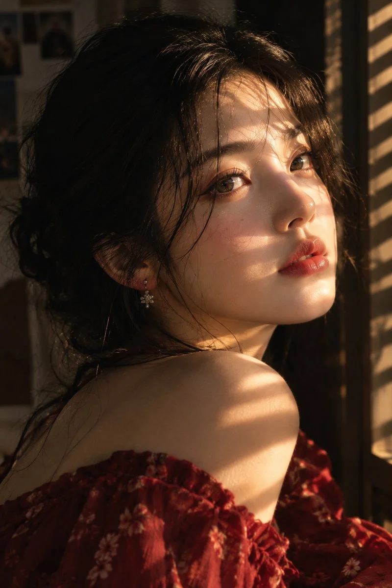 Warm Sunlight Carves Linear Shadows on Her Bare Shoulder