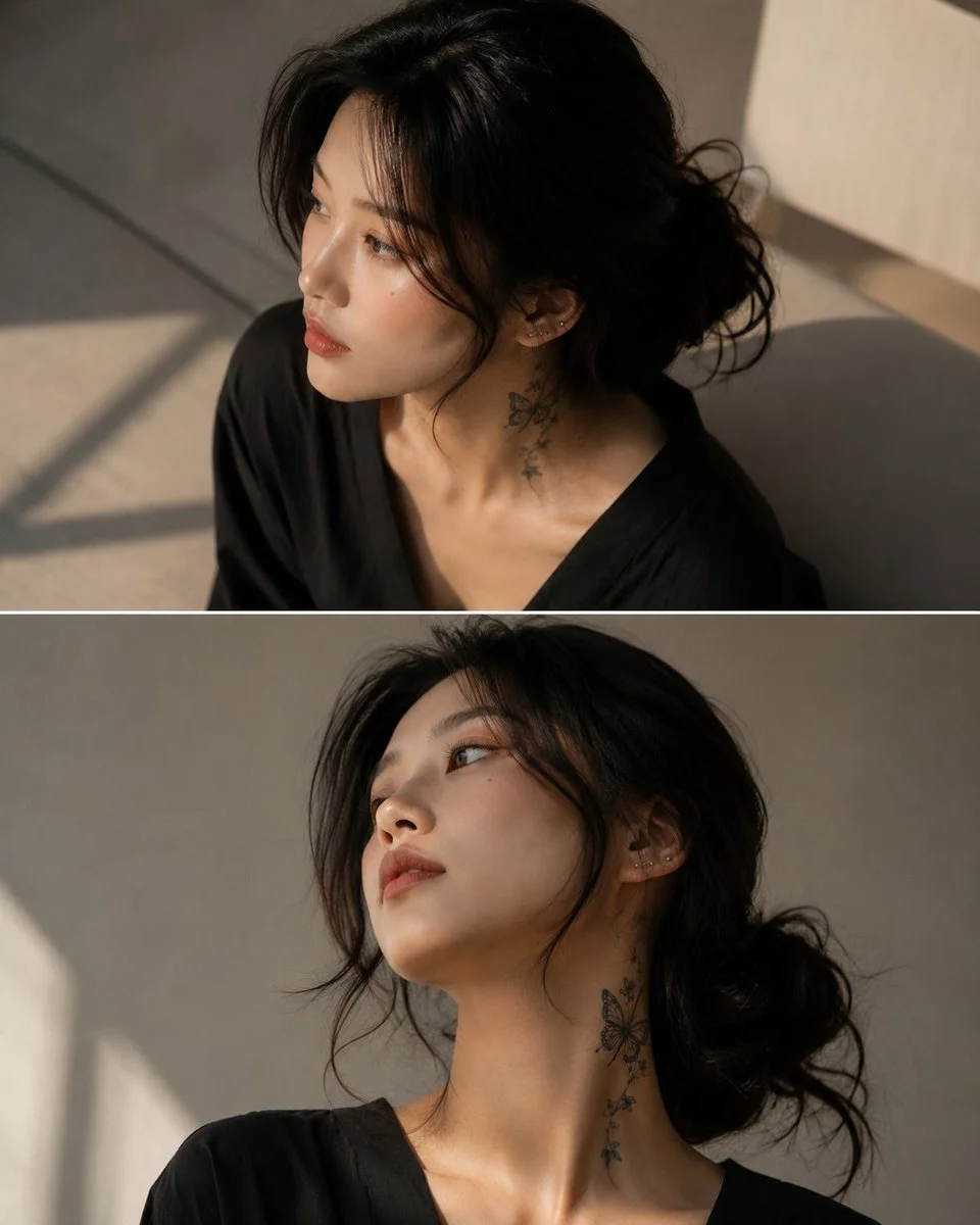 Warm sunlight highlights an East Asian woman's thoughtful gaze indoors.