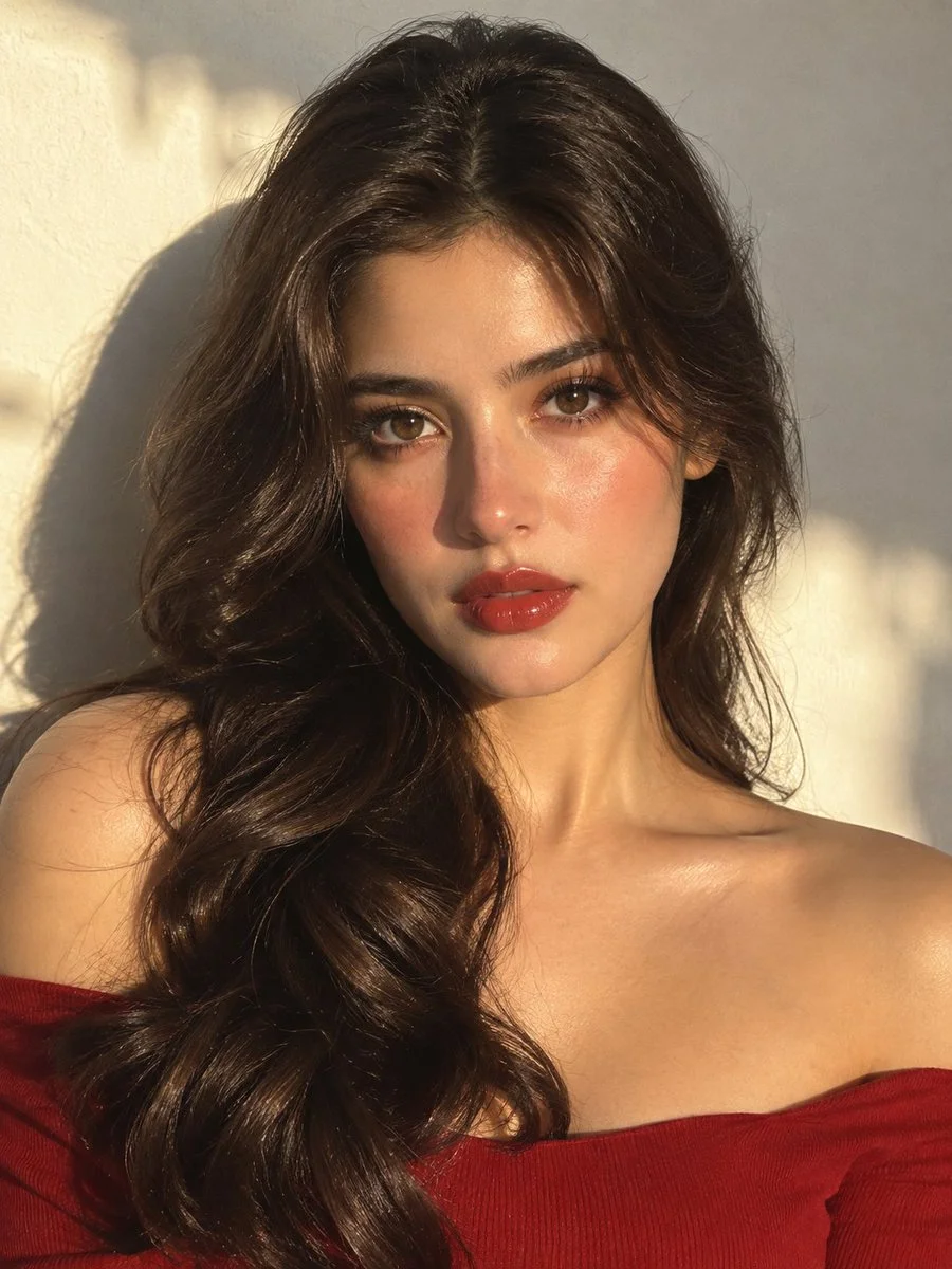 Warm sunlight reveals freckled skin and deep red lips in portrait