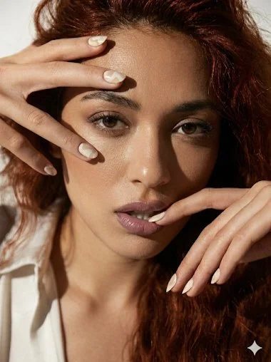 Warm-toned beauty portrait with dramatic shadows and bold nail art