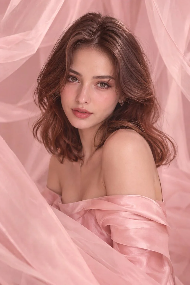 Warm-toned editorial portrait of woman draped in flowing blush chiffon