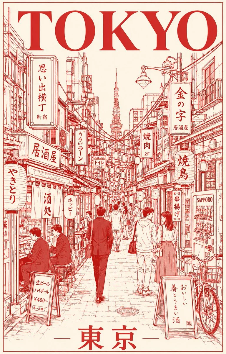 Warm vermilion lines capture Tokyo's narrow alley at night