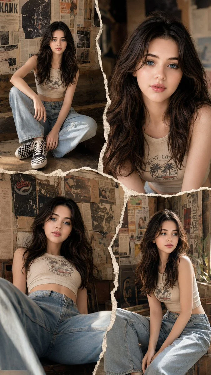 Warm vintage studio collage shows four different fashion poses