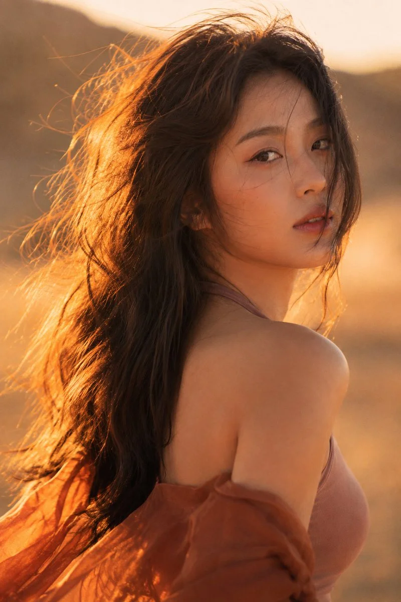Warm wind catches a Korean woman's scarf in desert light