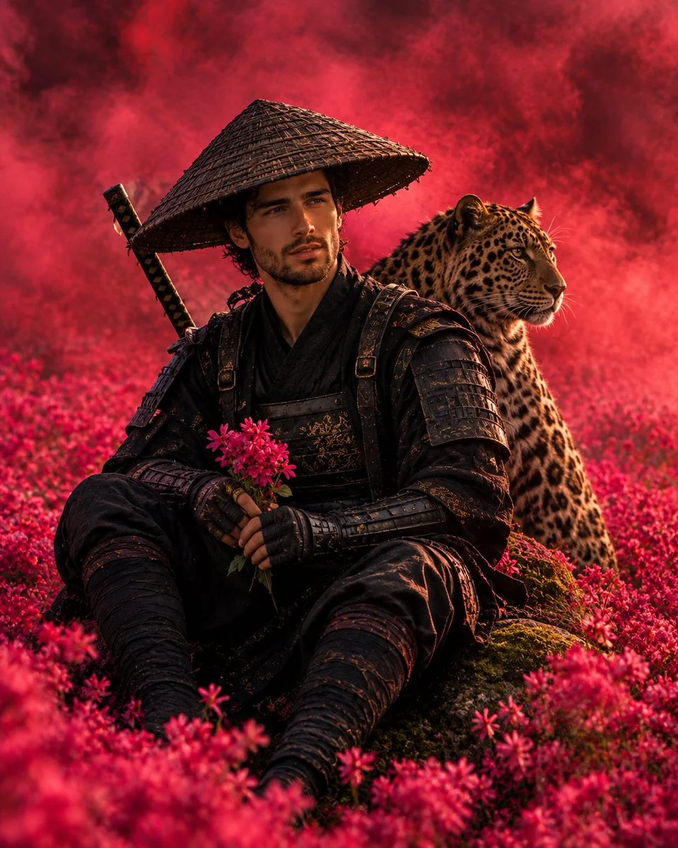 Warrior in Black Armor Sits Amid Pink Flowers with Leopard