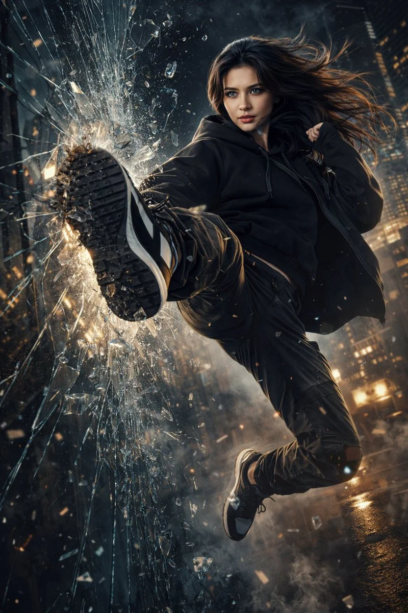 Warrior woman smashes through urban glass with a powerful kick
