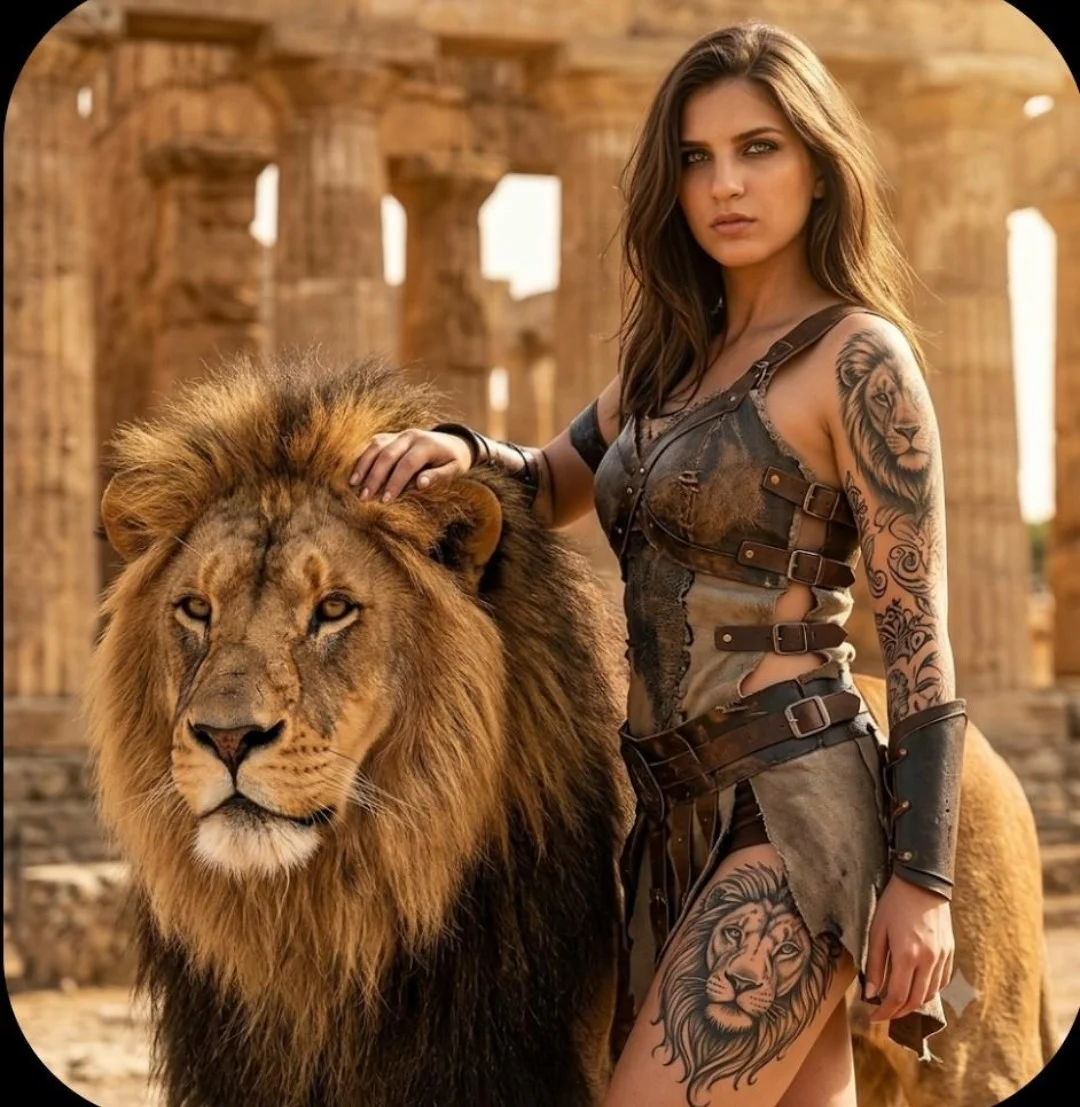 Warrior woman stands beside a lion in golden ruins