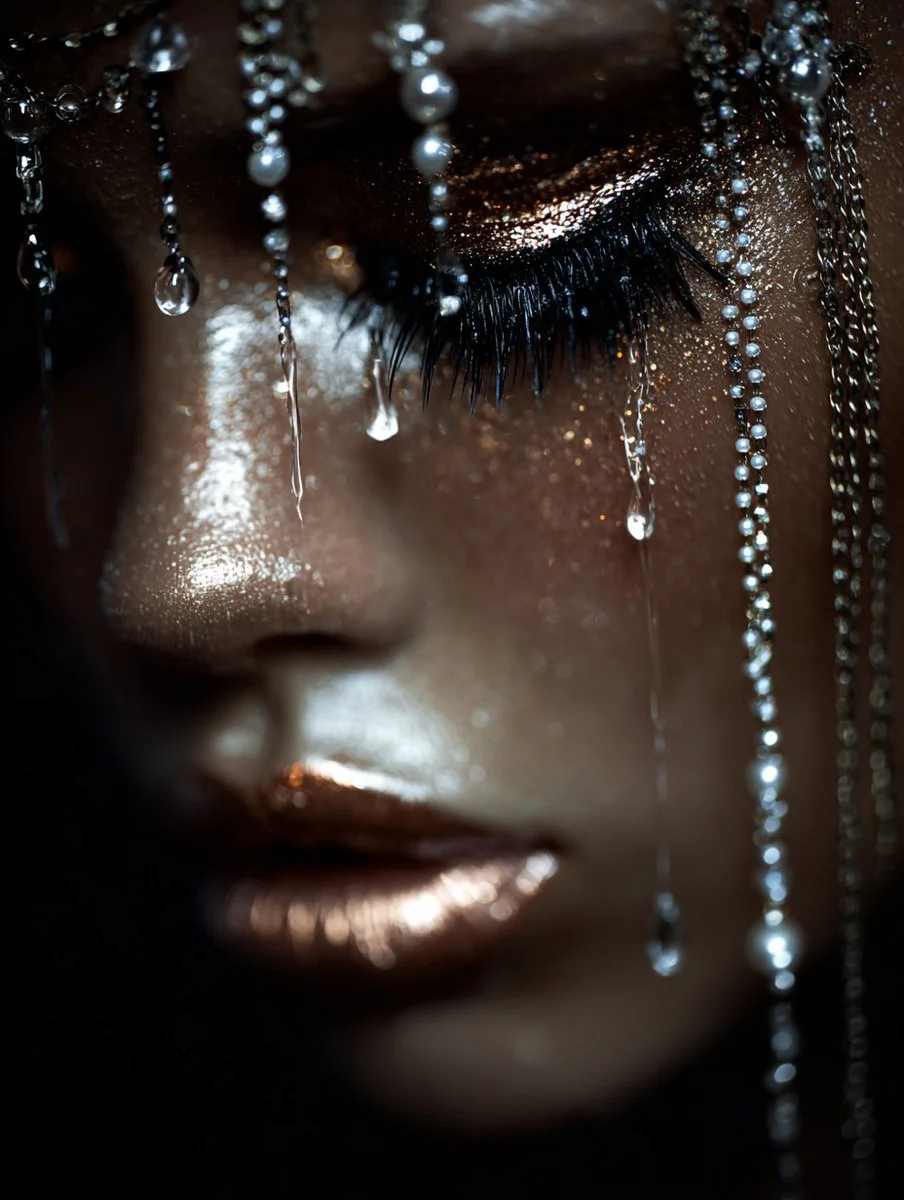 Water drips down sleek hair as pearls adorn dramatic lashes