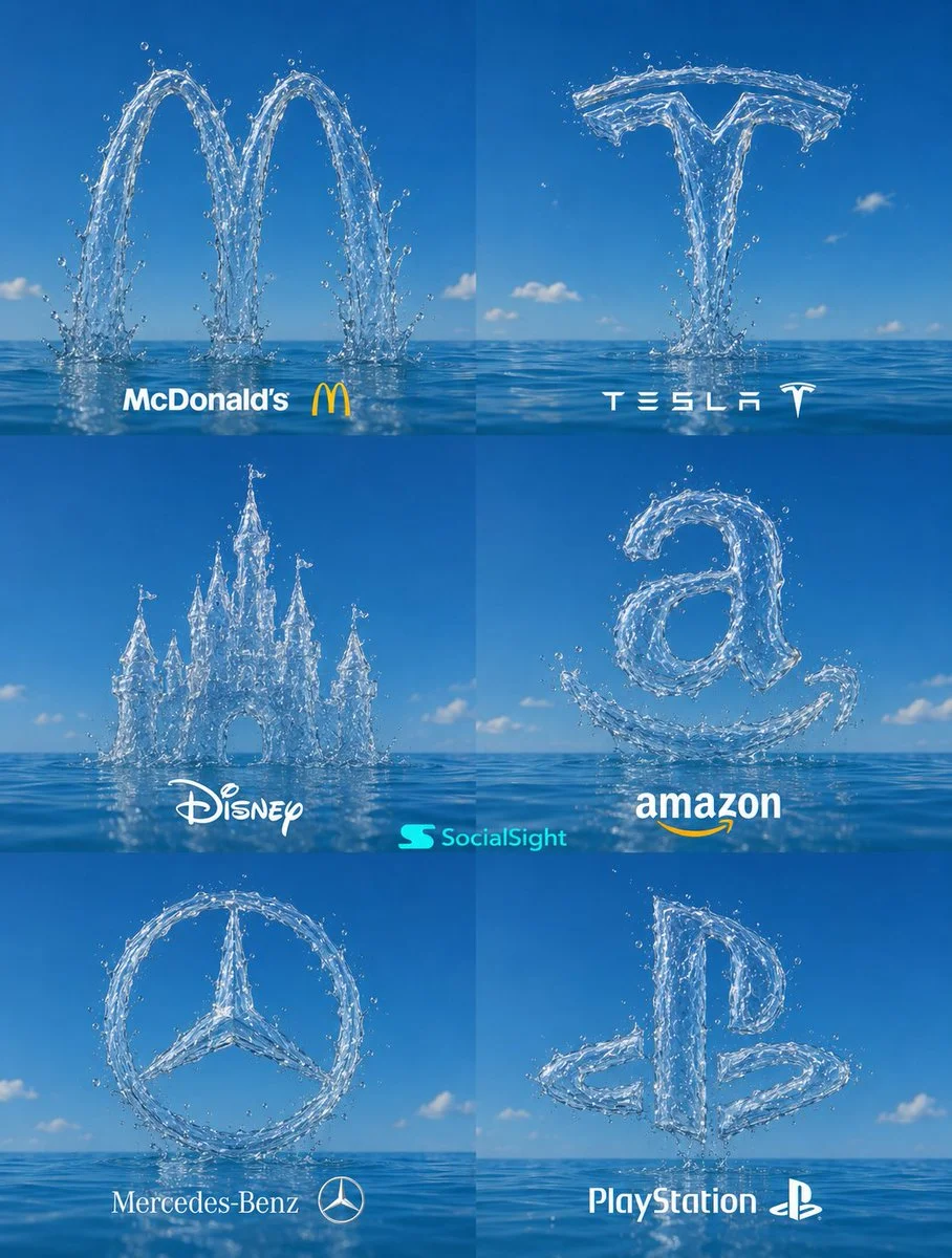Water sculpts iconic brand logos in a pristine ocean grid