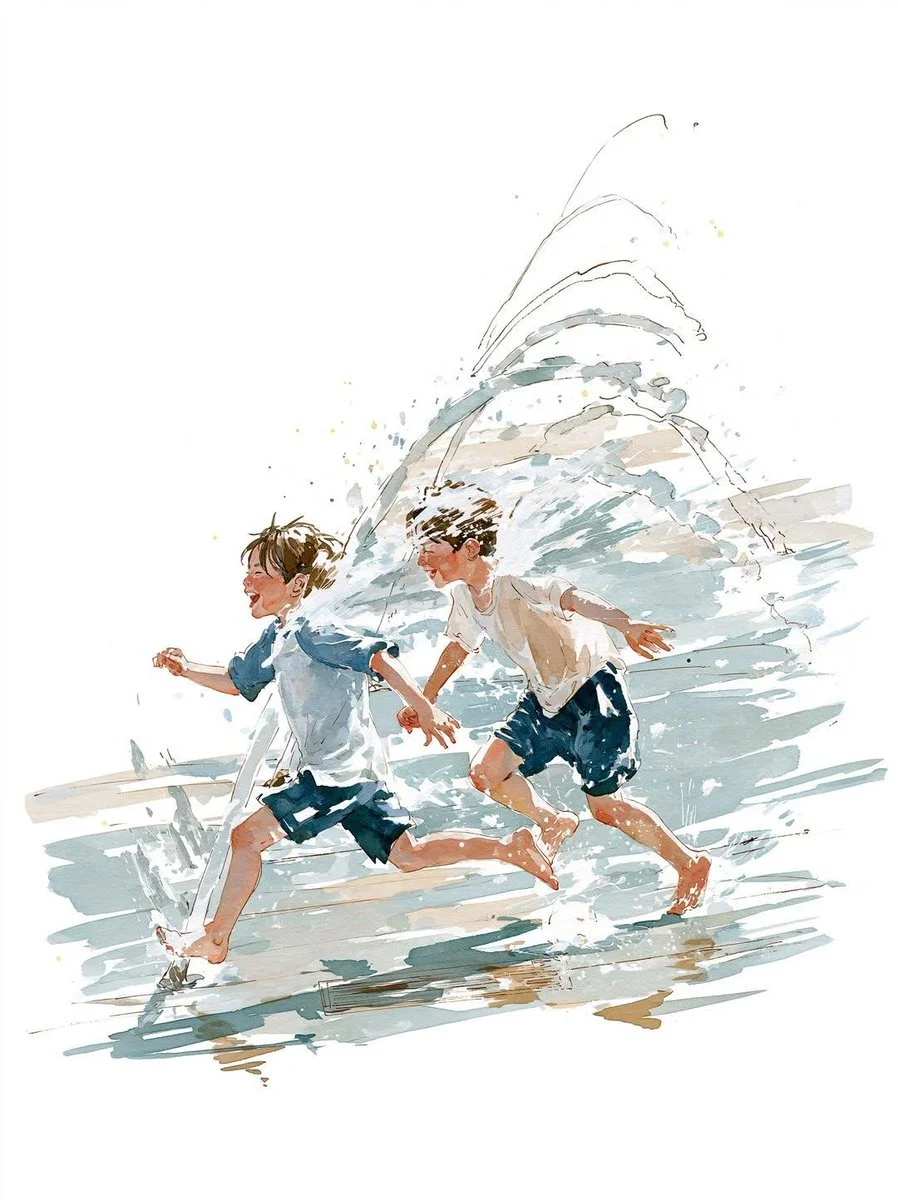 Watercolor captures a child's joy in a fountain's spray.