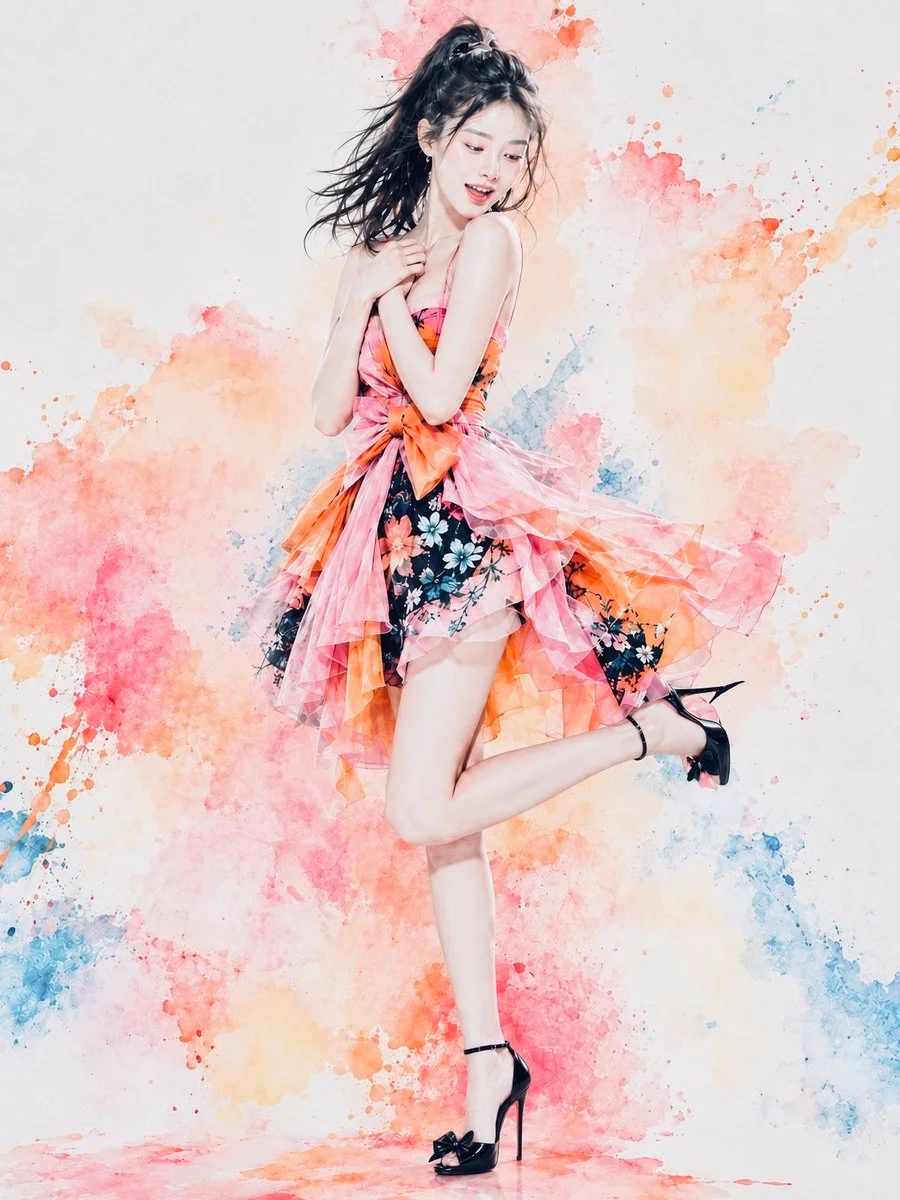 Watercolor Fashion Portrait of a Jumping Girl in Orange Dress