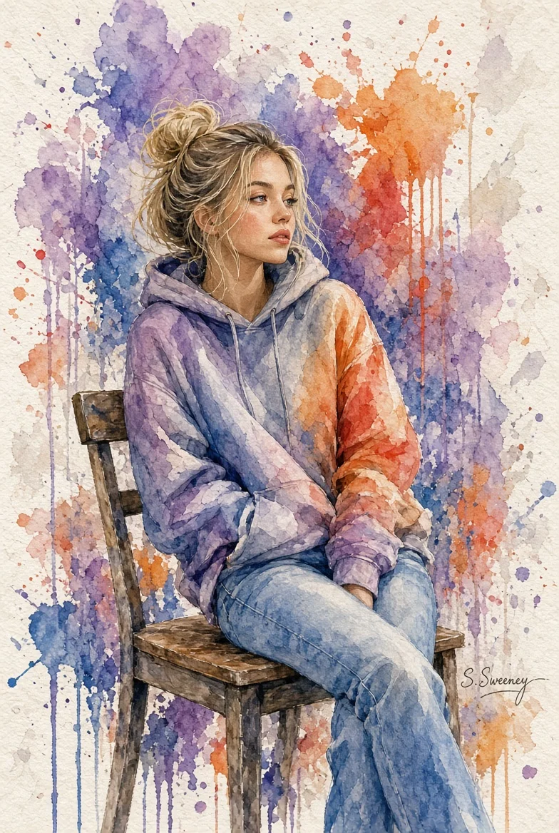 Watercolor portrait blends calm pose with vivid paint splashes