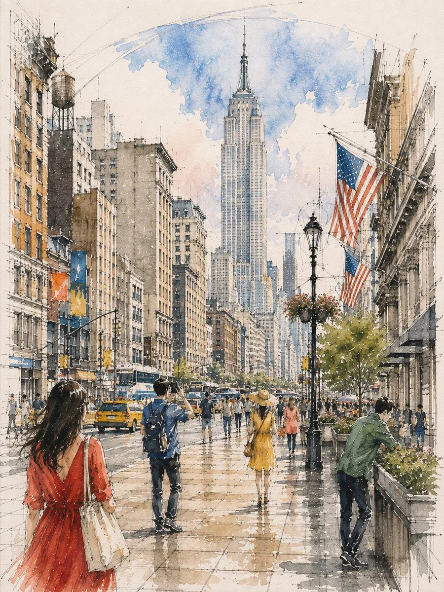 Watercolor sketch captures four iconic cityscapes with loose pen lines