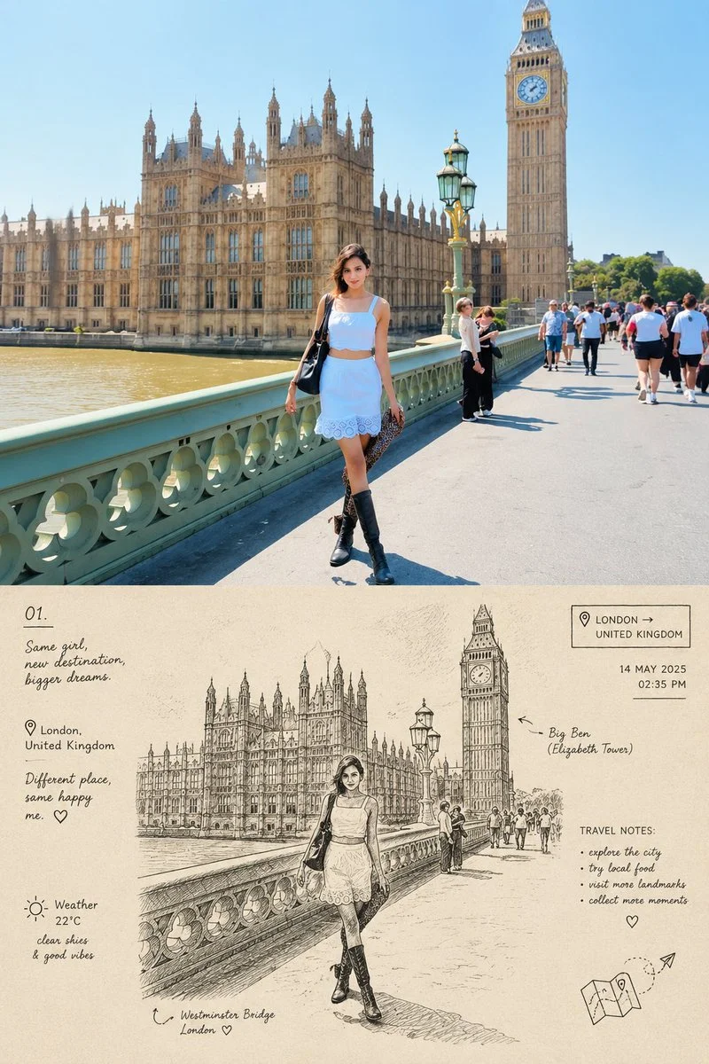 Waterfront Traveler Poses as Ink Sketch Below Photo