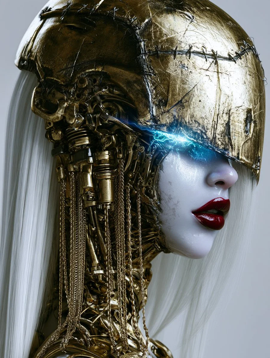 Weathered Golden Helmet Cyborg Reveals Organic and Robotic Fusion
