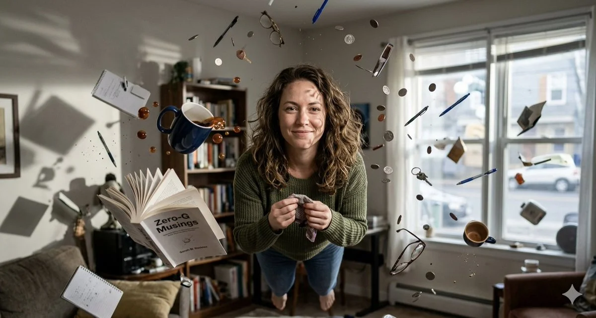 Weightless Moments: A Surreal Day in a Sunlit Living Room