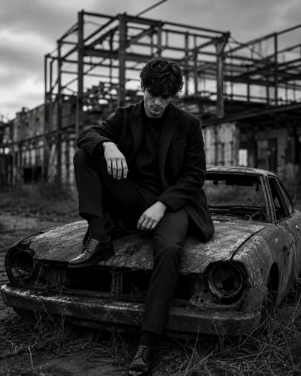 Well-dressed young man sits on rusted car in decaying lot