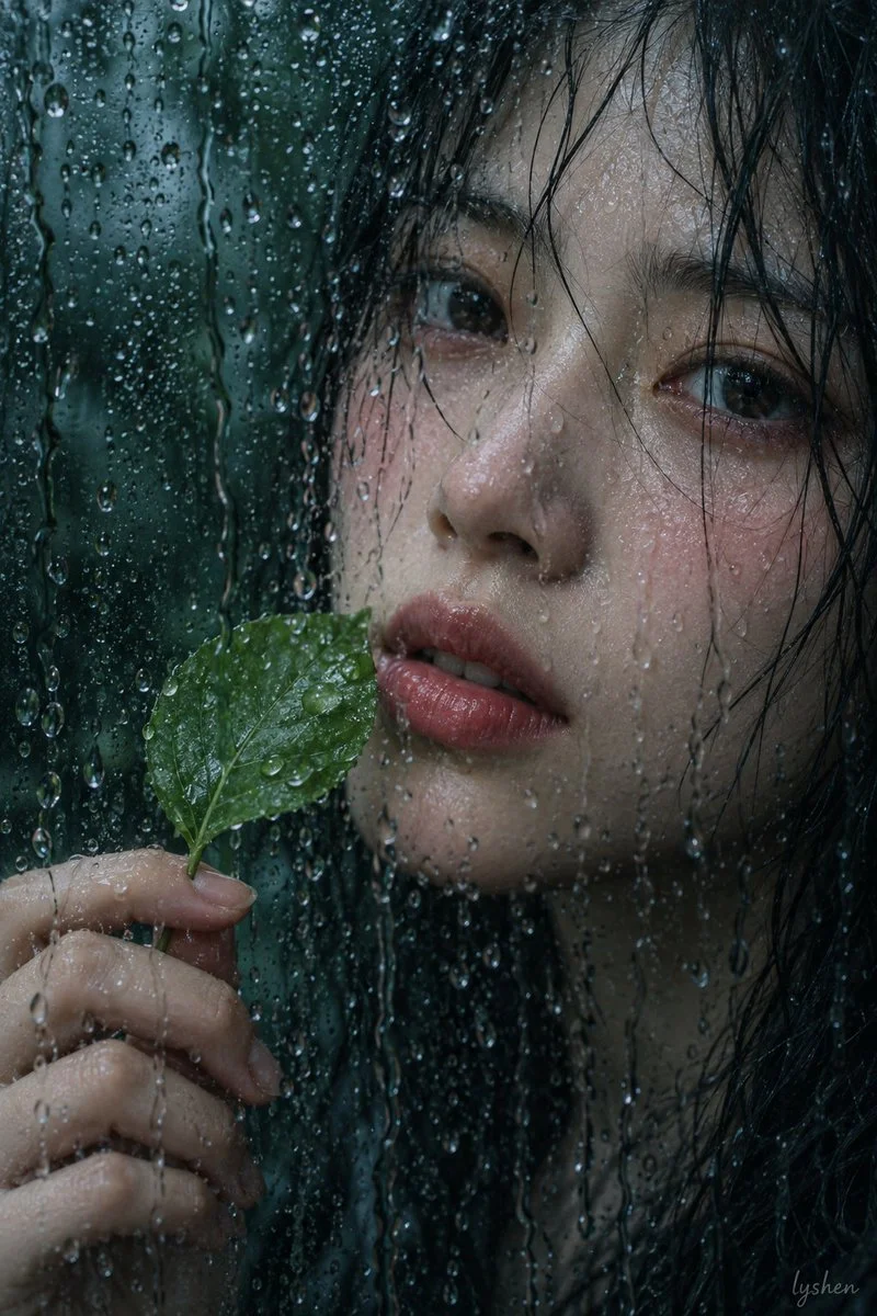 Wet Glass Portraits Capture Young Woman Holding Green Leaf