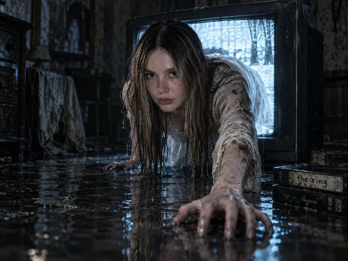 Wet-haired woman crawls from antique TV in dark room